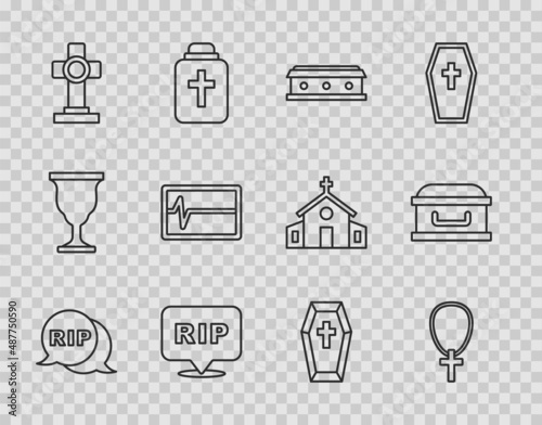 Set line Speech bubble rip death, Christian cross on chain, Coffin with, Grave, Beat dead monitor, and icon. Vector