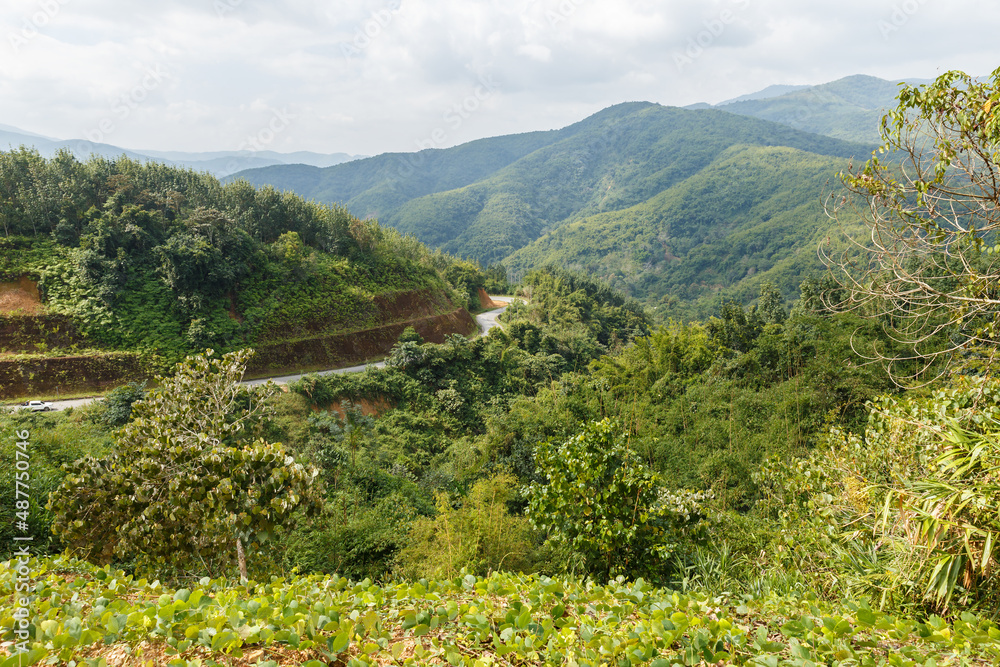 Mountains in Laos. asphalt Road in Phongsaly Province. Road 2E.