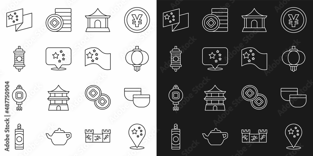 Set line China flag, Chinese tea ceremony, paper lantern, house, and icon. Vector