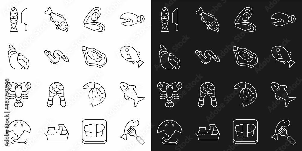 Set line Served fish on a plate, Shark, Tropical, Mussel, Eel, Scallop sea shell, Fish with sliced pieces and icon. Vector Set line Served fish on a plate, Shark, Tropical, Mussel, Eel, Scallop sea shell, Fish with sliced pieces and icon. Vector