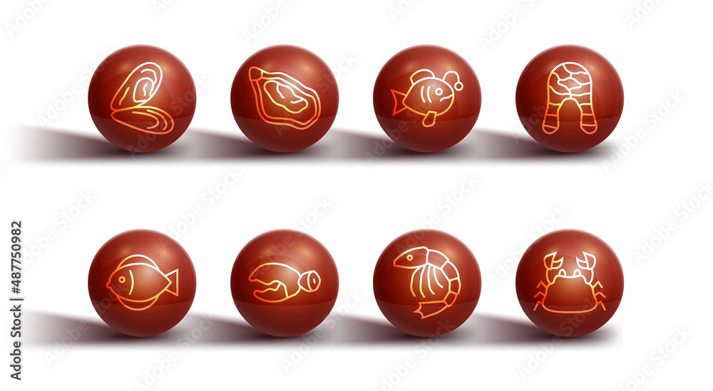 Set line Mussel, Fish, steak, Shrimp, Lobster or crab claw, Crab and Tropical fish icon. Vector Set line Mussel, Fish, steak, Shrimp, Lobster or crab claw, Crab and Tropical fish icon. Vector