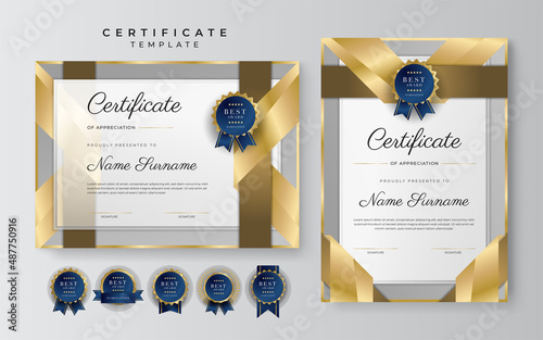 Premium gold certificate of achievement border template with luxury badge and modern line pattern. Certificate template. Diploma of modern design or gift certificate. Vector illustration.