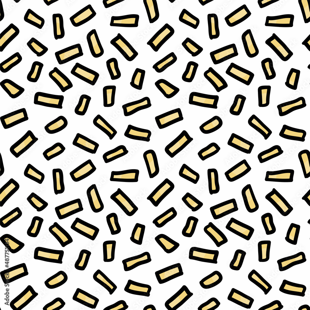 Golden confetti seamless pattern. Cute hand drawn doodle style confetti party firework seamless pattern texture design. Happy fun birthday party decorative background vector illustration.