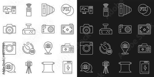 Set line Battery for camera, Photo, Softbox light, retouching and icon. Vector
