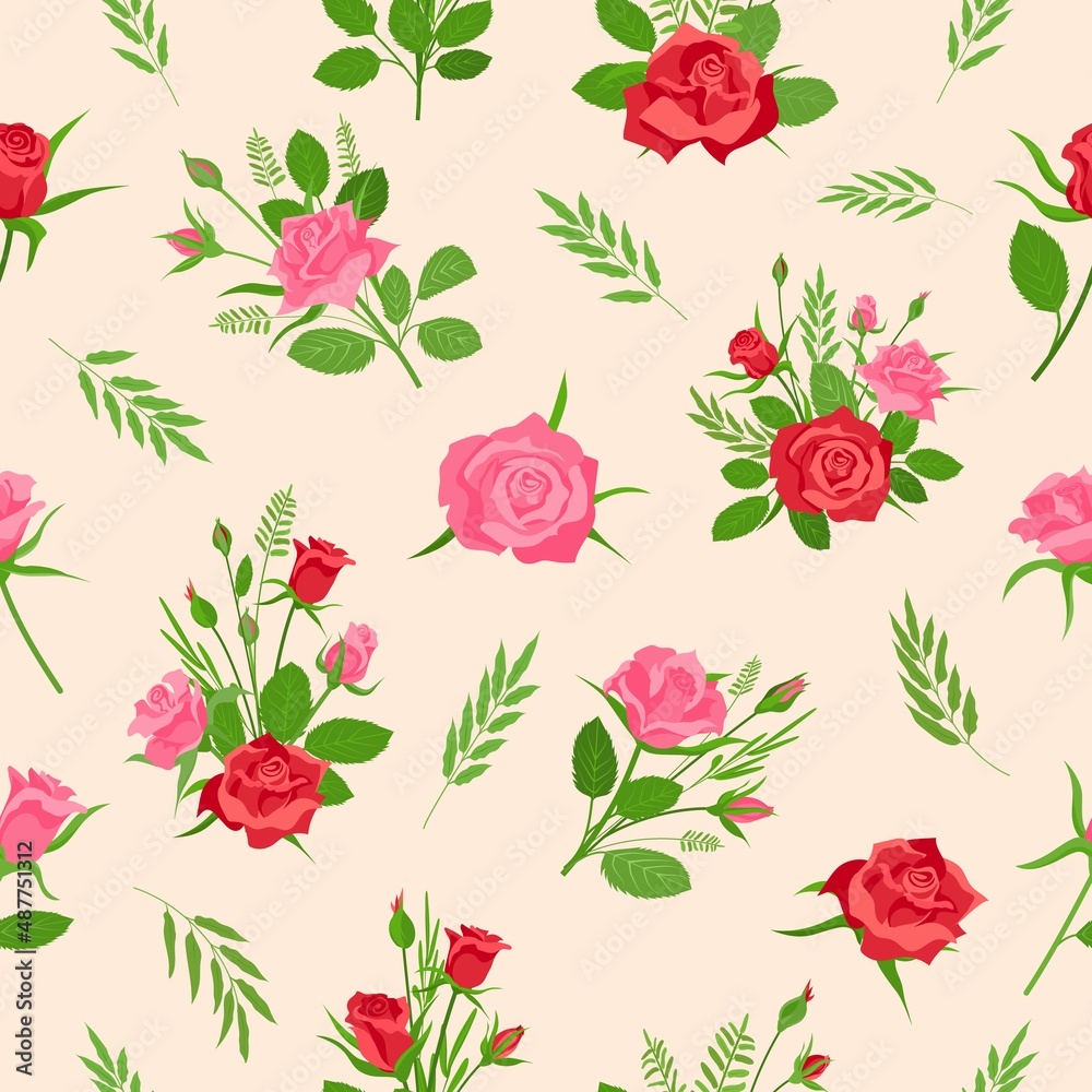 Romantic rose seamless pattern with flowers, buds and herb. Cartoon print with red and pink roses. Floral shabby chic decor vector wallpaper