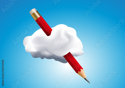 Concept de la création et de l’inspiration avec le symbole d’un crayon rouge traversant un nuage.