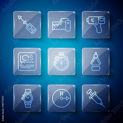 Set line Wrist watch, Radius, Syringe, Digital thermometer, Stopwatch, Area measurement, Laser distance measurer and Drawing compass icon. Vector