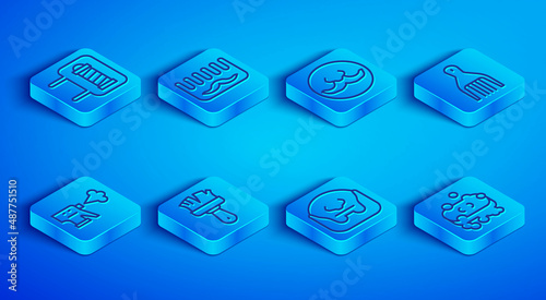 Set line Barber shop pole, Hairbrush, Mustache, Shaving, and beard, Barrette, Hairdresser pistol spray bottle and of soap with foam icon. Vector