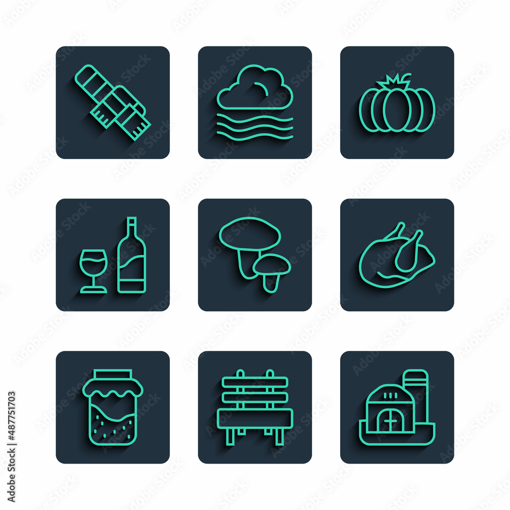 Set line Jam jar, Bench, Farm house, Pumpkin, Mushroom, Wine bottle with glass, Winter scarf and Roasted turkey or chicken icon. Vector Set line Jam jar, Bench, Farm house, Pumpkin, Mushroom, Wine bottle with glass, Winter scarf and Roasted turkey or chicken icon. Vector
