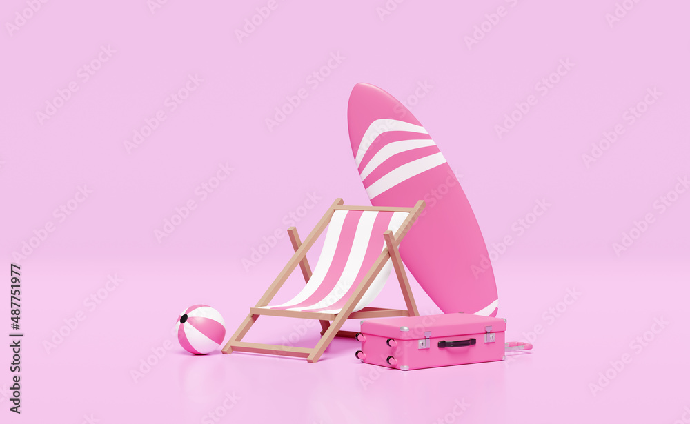 summer travel with suitcase, beach chair, ball, surfboard isolated on pink background. concept 3d illustration, 3d render summer travel with suitcase, beach chair, ball, surfboard isolated on pink background. concept 3d illustration, 3d render