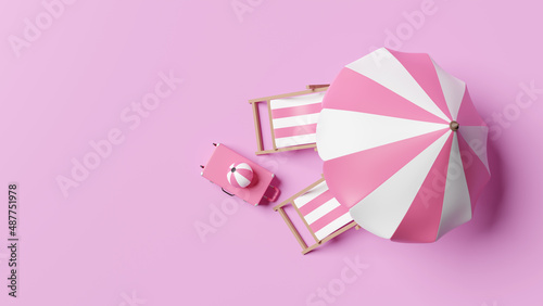 summer travel with suitcase, beach chair, umbrella, ball isolated on pink background. concept 3d illustration, 3d render