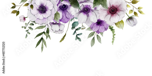 Watercolor hand drawn bouquet with white and violet flowers anemones. Floarl arrangement for weddimg invites
