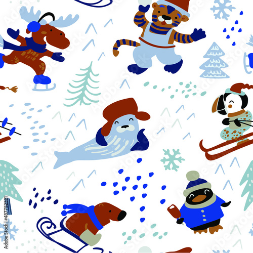 Seamless winter pattern. Funny animals doing sports, have fun. Bear, penguin, tiger, moose, navy seal, polar bird on ski, snowflaks, fir trees. Сute vector illustration isolated on white background.