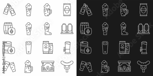 Set line Sausage on the fork, Beer tap, brewing process, Glass of beer, Wooden barrel, bottle and Boot glass icon. Vector