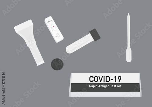 saliva swab covid 19 rapid antigen test kit vector set isolated on dark background ep49