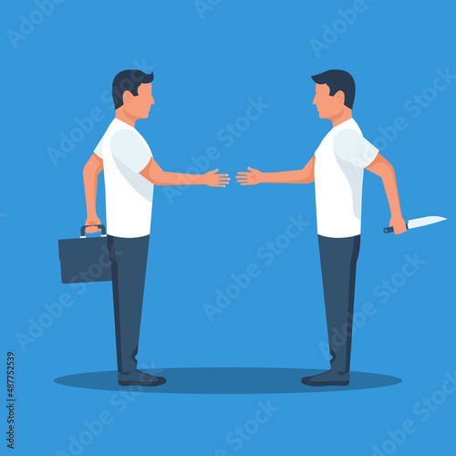 Betrayal metaphor. Two businessman shaking hands. Traitor businessman holds a knife for back. Cartoon male characters. Betrayal and lies. Vector illustration flat design.
