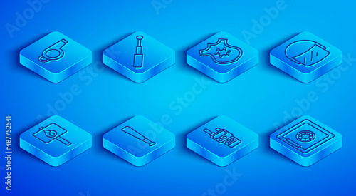 Set line Whistle, Telescopic baton, Police badge, Baseball, Walkie talkie, helmet, Protest and Safe icon. Vector