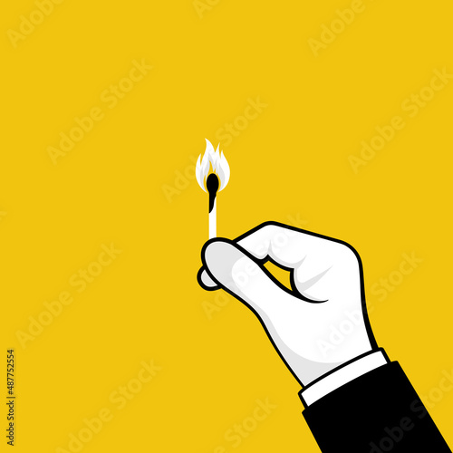 Matches in hand. Burning wooden match black silhouette icon. Open fire. Template warning flammable. Vector illustration flat minimal design. Isolated on white background.
