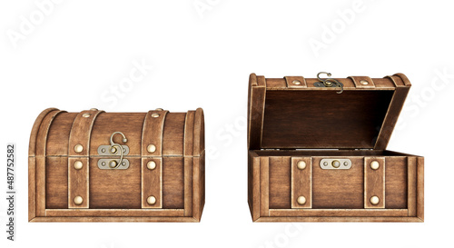 Fototapeta Naklejka Na Ścianę i Meble -  Wooden chests isolated on white background. Old wooden chests with open lids. Vintage boxes, open and closed. 3d illustration
