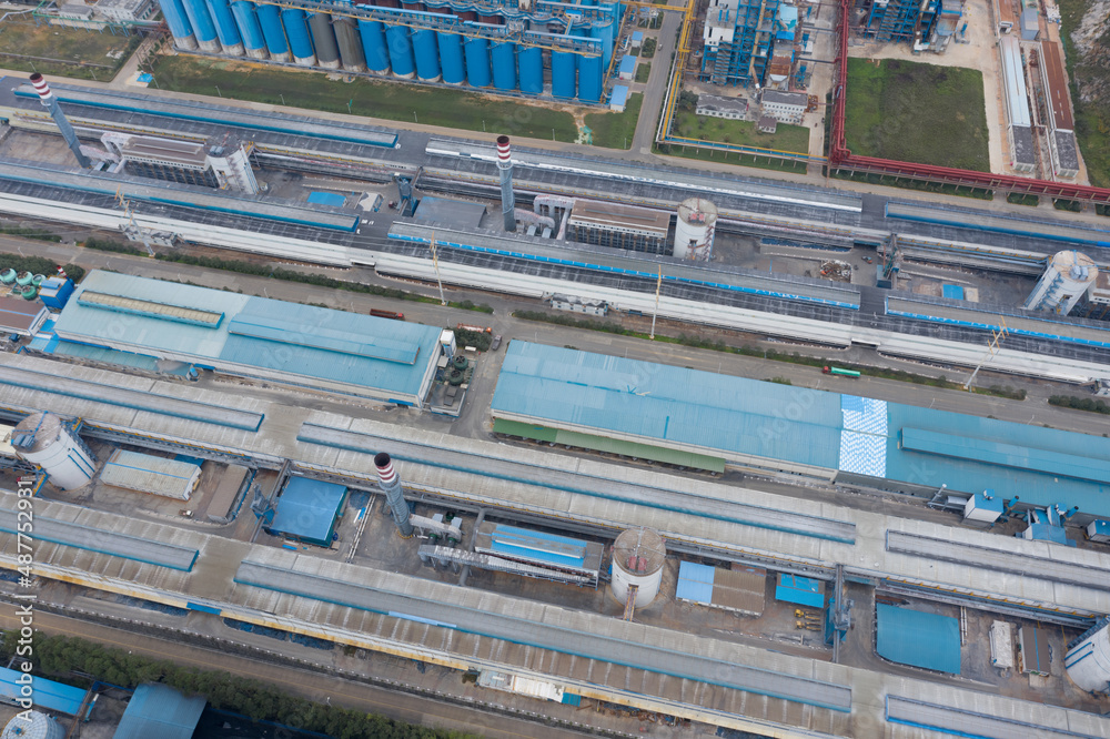 Aerial view of large bauxite factory building