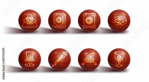 Set line All-seeing eye of God, Magician, Fireball, Crossed medieval sword, staff, Tarot cards, Medieval goblet and Ancient magic book icon. Vector