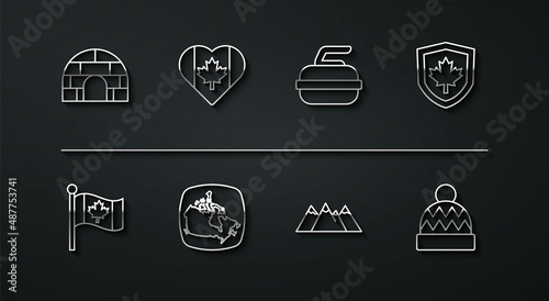 Set line Igloo ice house, Flag of Canada, flag on shield, Mountains, map, Heart shaped, Beanie hat and Stone for curling icon. Vector