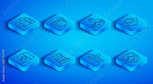 Set line Igloo ice house, Hockey helmet, Bottle of maple syrup, Inukshuk, Canadian totem pole, ranger hat, Flag Canada and flag on shield icon. Vector