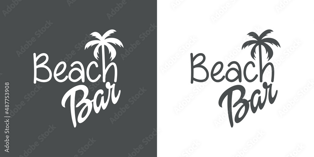 Banner con texto Beach Bar con letra con forma de silueta de palmera en fondo gris y fondo blanco