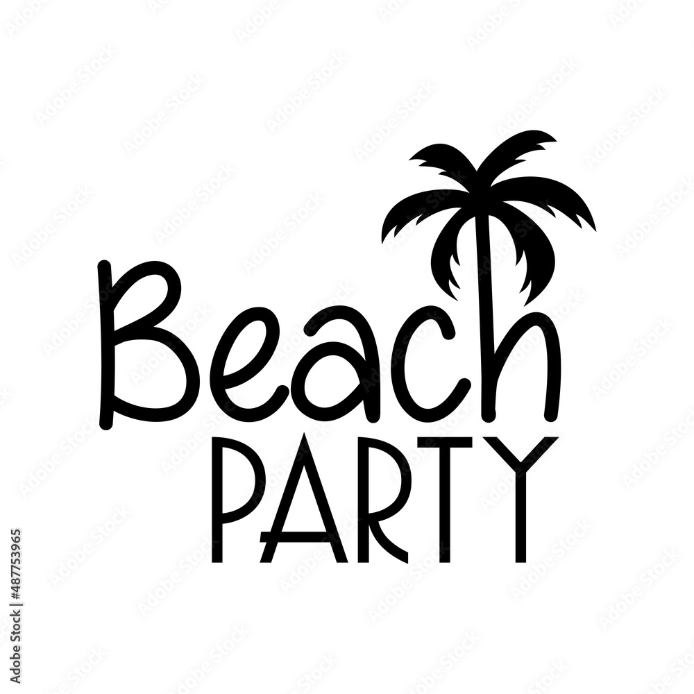 Banner con texto Beach Party con letra con forma de silueta de palmera en color negro