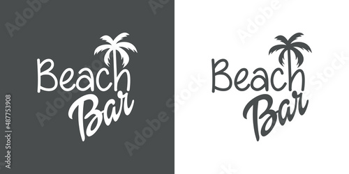 Banner con texto Beach Bar con letra con forma de silueta de palmera en fondo gris y fondo blanco