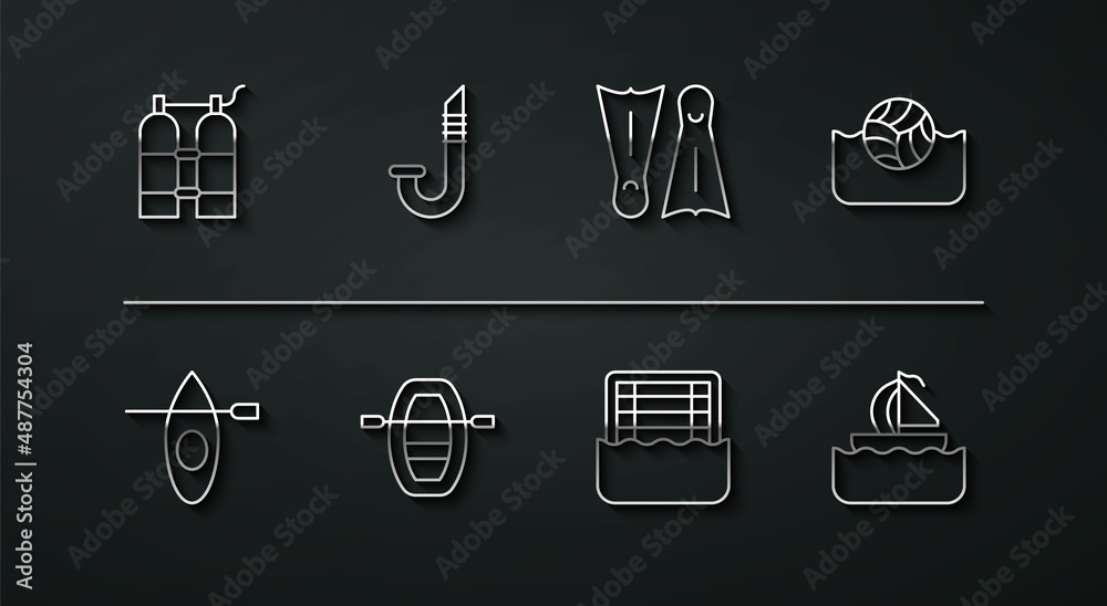 Set line Aqualung, Kayak and paddle, Water polo, Boat with oars, Snorkel, Yacht sailboat and Flippers for swimming icon. Vector Set line Aqualung, Kayak and paddle, Water polo, Boat with oars, Snorkel, Yacht sailboat and Flippers for swimming icon. Vector