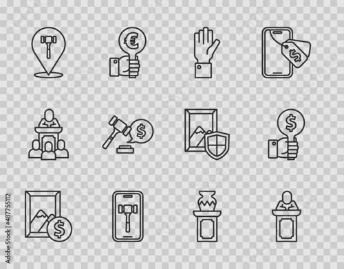 Set line Auction painting, auctioneer sells, Hand holding, Online, hammer, price, ancient vase and paddle icon. Vector