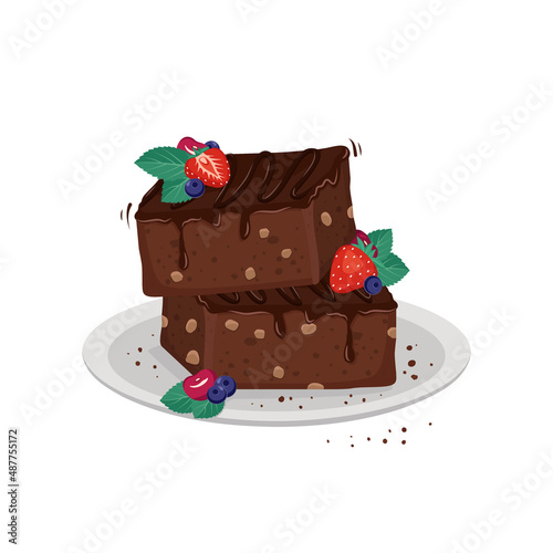 Sweet brownie dessert with flowing chocolate, nuts and berries. Delicious piece of cake, baking for birthday, party and holiday. Vector flat illustration