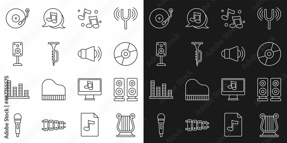 Set line Ancient Greek lyre, Stereo speaker, Vinyl disk, Music note, tone, Trumpet, player and Megaphone icon. Vector