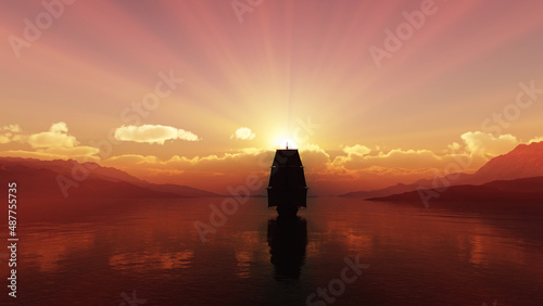 old ship at sea sunset illustration © aleksandar nakovski
