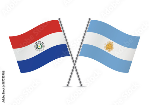 Paraguay and Argentina crossed flags. Paraguayan and Argentinian flags, isolated on white background. Vector icon set. Vector illustration.