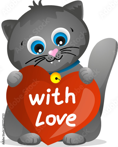 Cute cartoon british gray shorthair cat with red heart