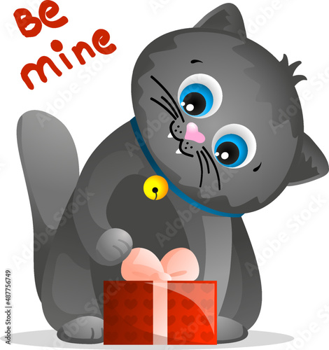 Cute cartoon british gray shorthair cat with gift