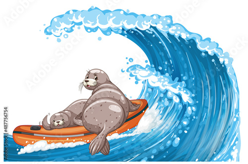Seals in inflatable boat in cartoon style