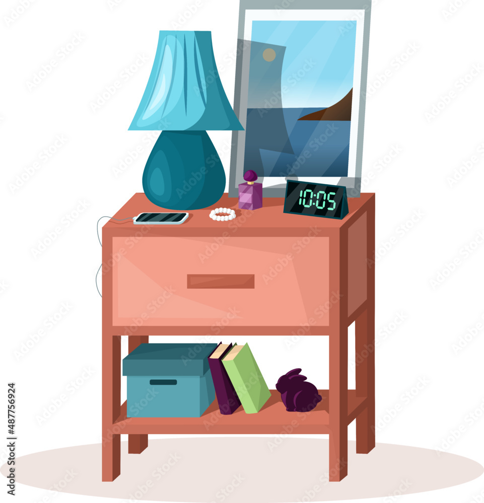 Fototapeta premium Bedside table in bedroom with phone, clock, lamp