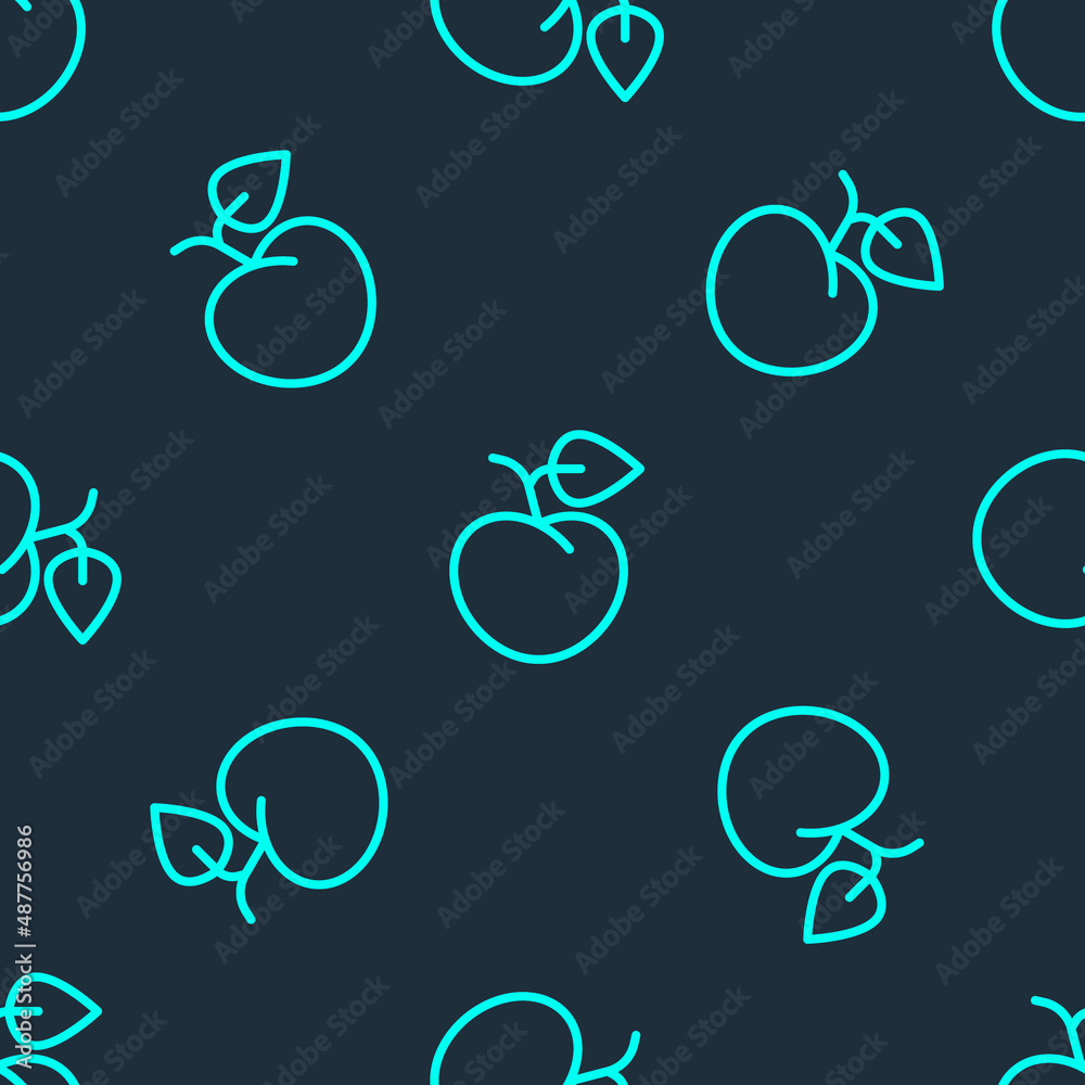 Green line Peach fruit or nectarine with leaf icon isolated seamless pattern on blue background. Vector Green line Peach fruit or nectarine with leaf icon isolated seamless pattern on blue background. Vector