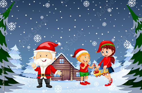 Snowy winter night with Santa Claus and children