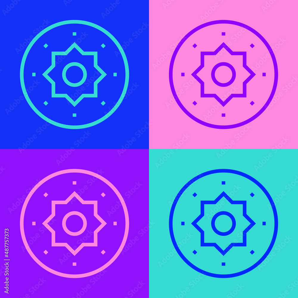 Pop art line Shield viking icon isolated on color background. Round wooden shield. Security, safety, protection, privacy, guard concept. Vector Pop art line Shield viking icon isolated on color background. Round wooden shield. Security, safety, protection, privacy, guard concept. Vector