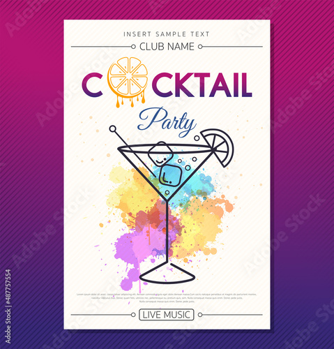 Cocktail party poster template. Poster design with cocktail glass on colorful watercolor background. Vector illustration