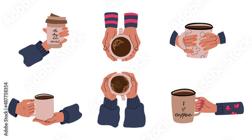 Set of human hands with coffee, color vector illustration in cartoon style