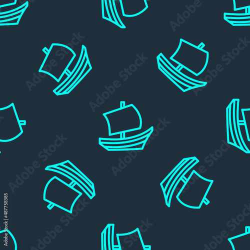 Green line Egyptian ship icon isolated seamless pattern on blue background. Egyptian papyrus boat. Vector