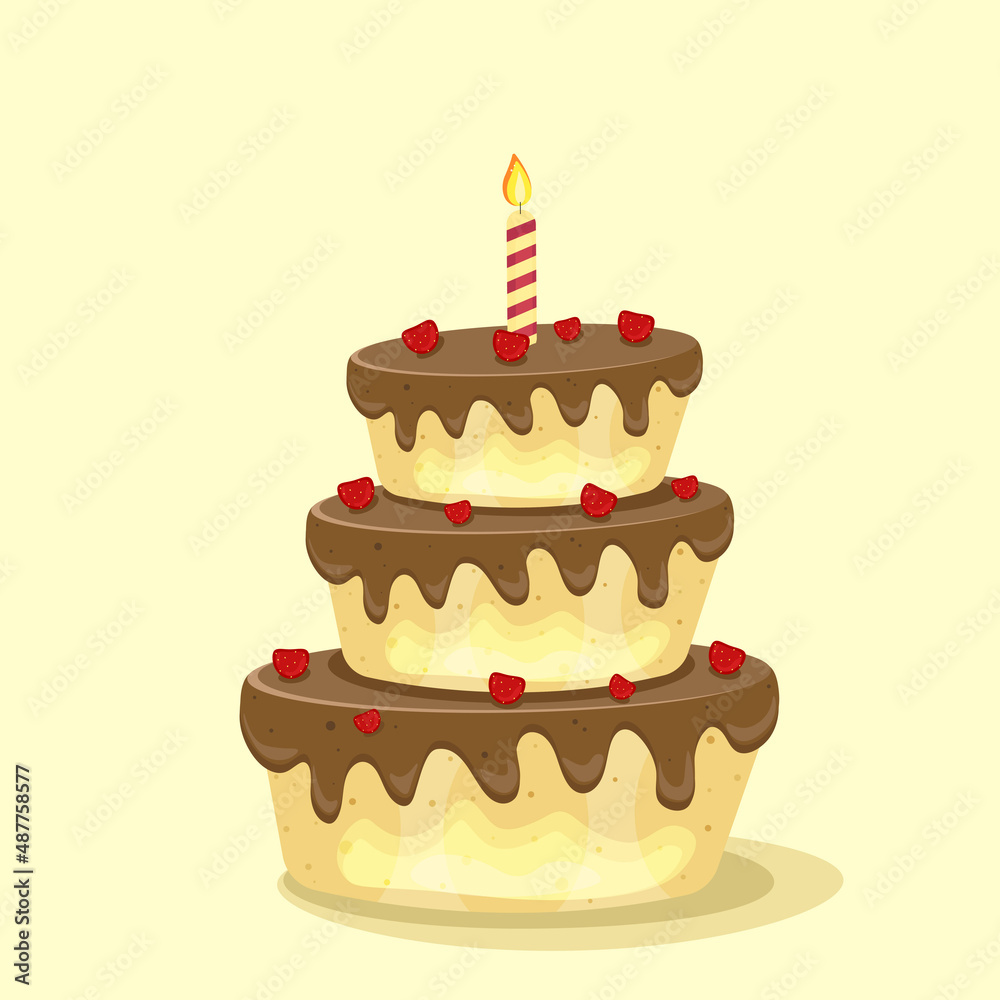 Birthday cake with chocolate creme, red cherries fruits and candles. Sweet dessert food for holiday celebration or children party. Vector illustration. Birthday cake with chocolate creme, red cherries fruits and candles. Sweet dessert food for holiday celebration or children party. Vector illustration.