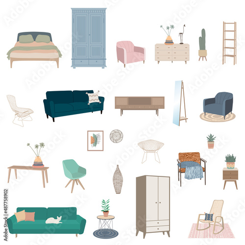 Furniture vector illustration set. Cartoon flat furnishings design with sofa, armchair, lamp, table,wardrobe,house plants etc.