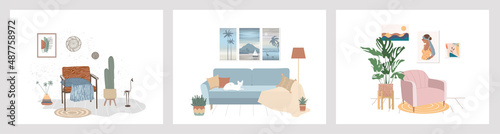 A set of vector furniture sets in the interior.Home plants and paintings on the wall.Living room interior in flat style.