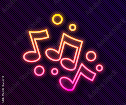 Glowing neon line Music note, tone icon isolated on black background. Vector